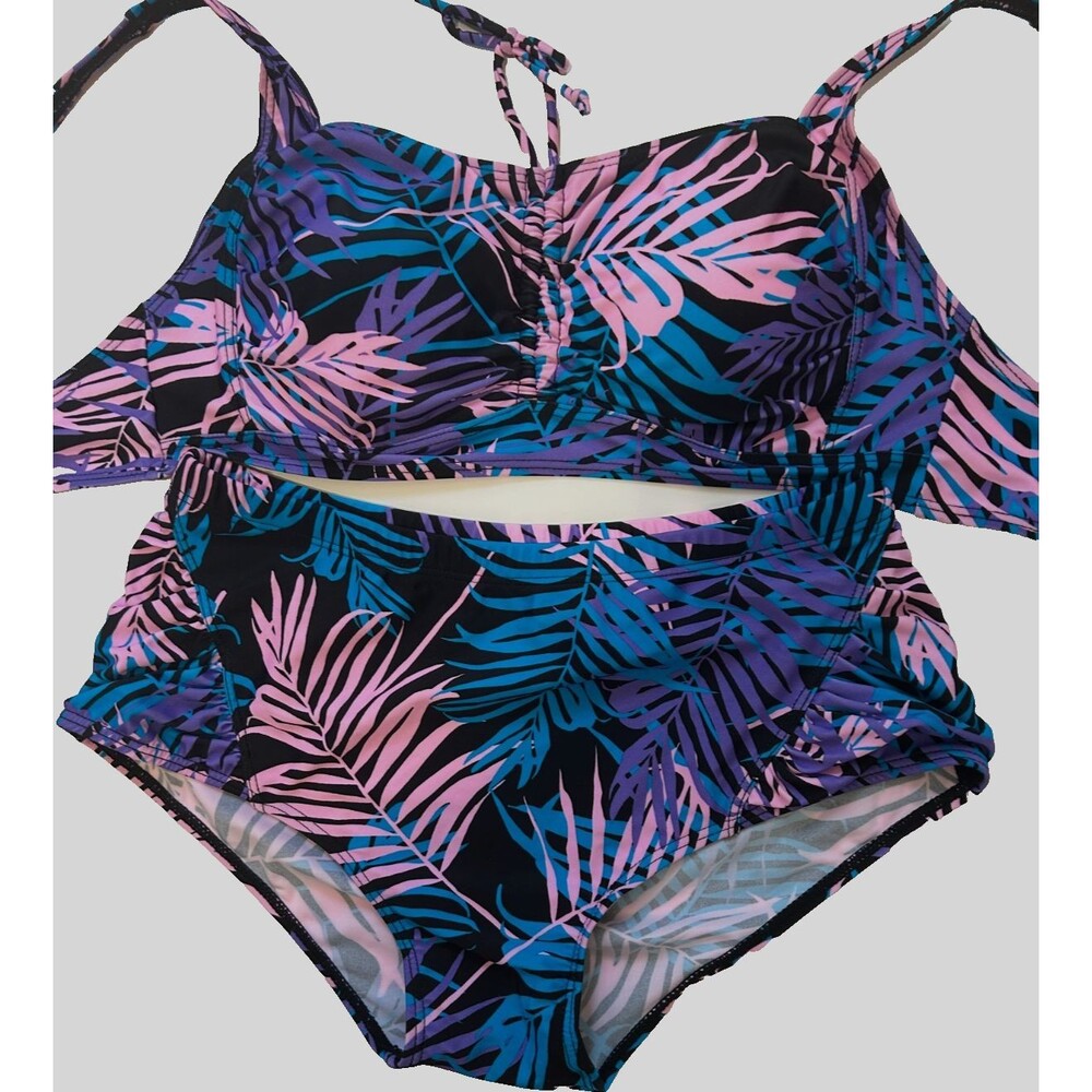 Womens L Black Floral Swimsuit Bikini Set Wireless High Waisted Padded Comfy